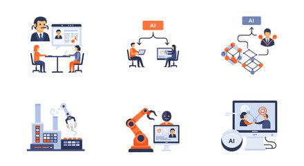 A collection of flat design icons depicting various applications of artificial intelligence, including human-AI interaction, robotic automation, and virtual meetings.