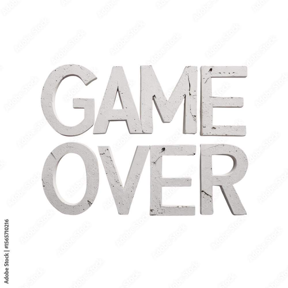 Poster Concept of game over message in white color with grunge texture for video games and final screen design use on transparent background
