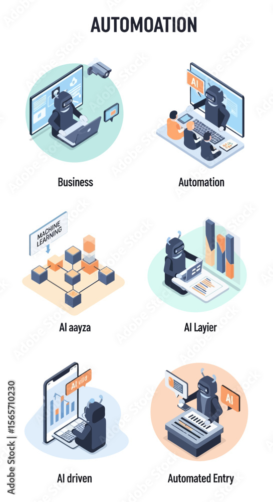 Poster isometric illustrations depicting robots performing various tasks like data analysis, entry, and bus
