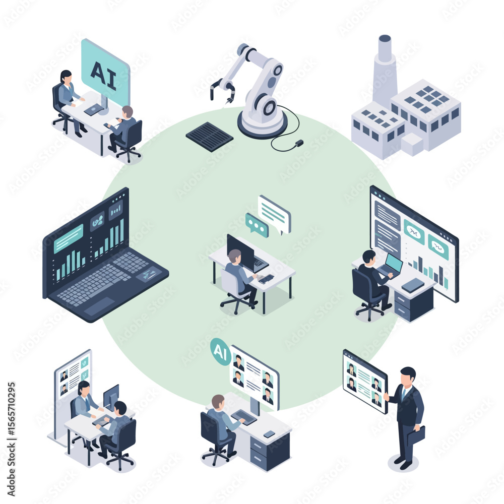 Poster ai-powered factory automation, showing workers interacting with various technologies and robotic arm