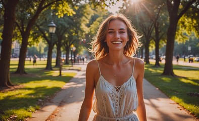 Woman is smiling and walking down a path in a park. The sun is shining brightly, creating a warm and inviting atmosphere. The woman's smile and the bright sunlight give the impression of a happy and