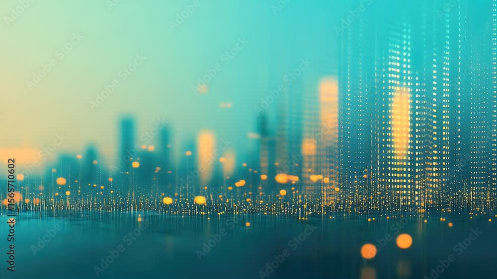Poster abstract digital cityscape in teal and orange tones with blurred buildings and glowing dots. futuris