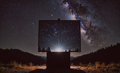 Large screen with a bright light shining on it. The light is reflecting off the screen and creating a beautiful, starry night sky. The scene is peaceful and serene, with the stars twinkling in the