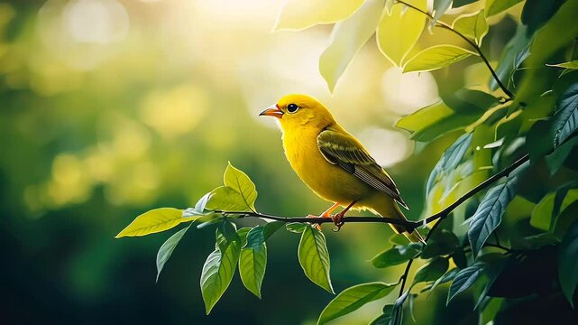 Yellow Bird Perched on Branch in Sunlight