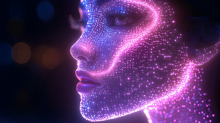 Glowing digital woman portrait pink blue particle design