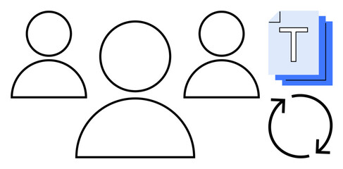 Three outlined human figures symbolizing teamwork, text document stack with rotation arrows representing content sharing and updates. Ideal for teamwork, workflow, collaboration, content management
