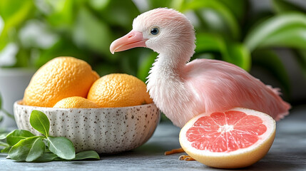 Adorable pink baby bird with citrus fruits