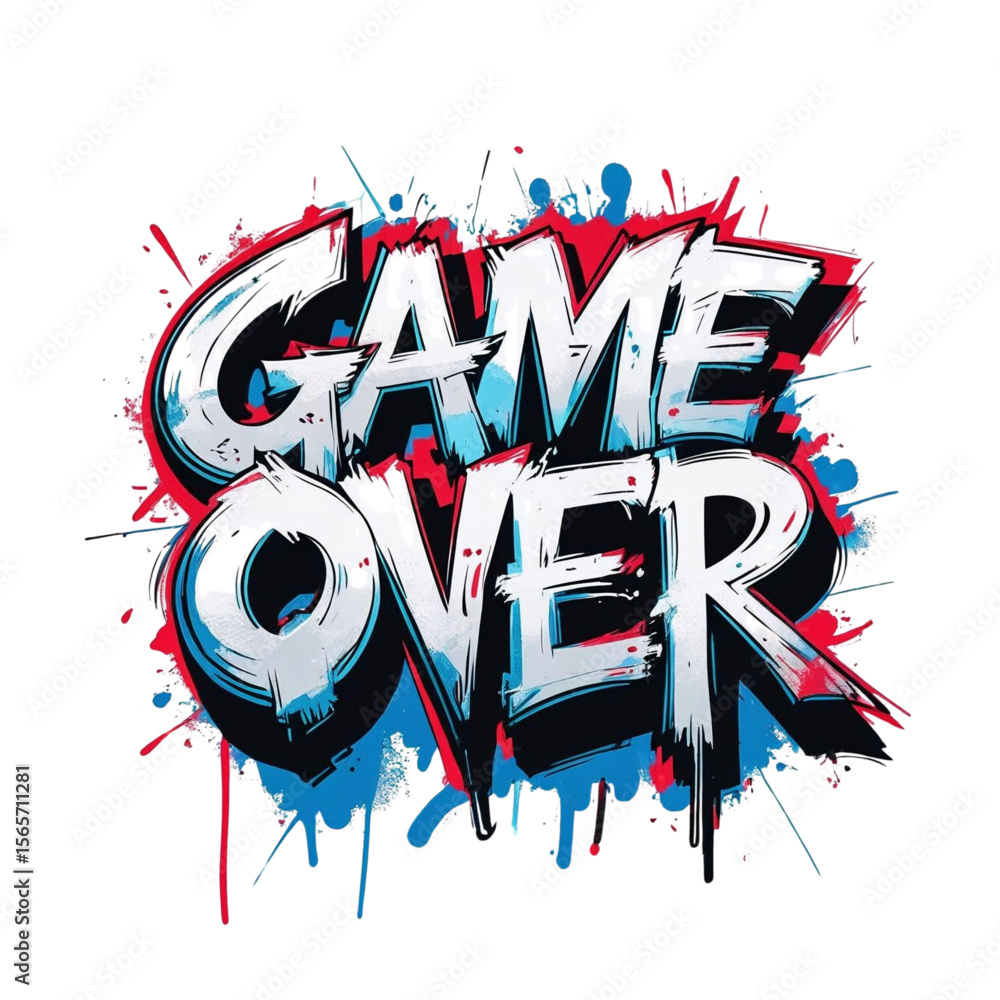 Aufkleber retro arcade gaming illustration featuring the phrase end of game with vibrant color splashes design