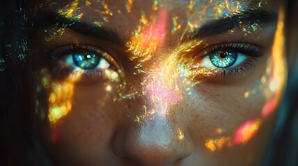 Vibrant light projection on womans face close up portrait
