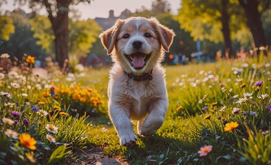 Small dog is running through a field of flowers. The dog is happy and excited, and the flowers are bright and colorful