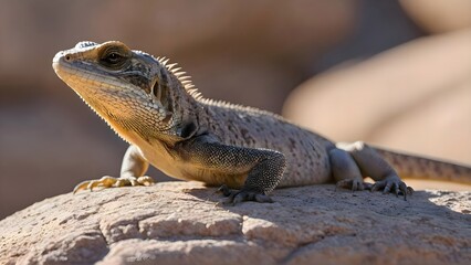 Obraz premium Lizard resting on a sunlit rock surface in the wild, blending with the texture of the stone in its natural environment, focused and motionless