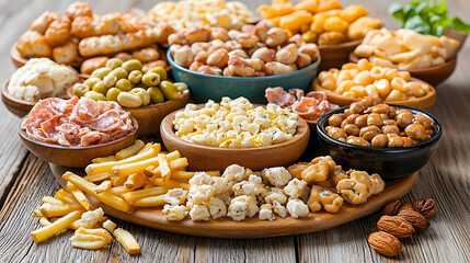 Assorted Appetizers and Snacks on a Wooden Board