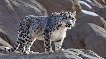 Obraz premium Snow leopard standing gracefully on a rock with a confident stance in a natural cold environment, highlighting its thick spotted fur and powerful body