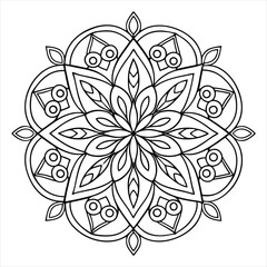 Intricate black and white mandala design with geometric patterns and floral elements