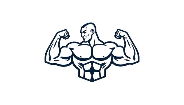 Man flexing his muscular arms while standing shirtless in a confident pose, showcasing strength and fitness in front of a neutral background, vector sport fitness club logo mockup - Powered by Adobe