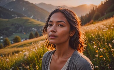 Woman is sitting in a field of flowers. She is wearing a gray shirt and has her hair pulled back