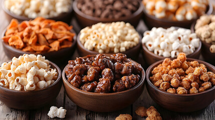 Assorted Popcorn Varieties in Wooden Bowls on Rustic Wood Surfac