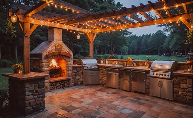 Large outdoor kitchen with a brick oven and a grill. The kitchen is lit up with lights and has a cozy, inviting atmosphere
