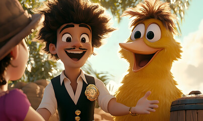 Animated Sheriff and Fluffy Yellow Duck Character with Open Arms