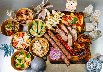 Festive banquet featuring a variety of traditional dishes prepared for a holiday celebration with...