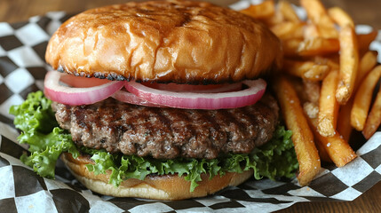 Juicy grilled burger with crispy french fries overhead close up