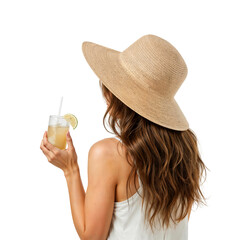 Woman with long wavy hair wearing a straw hat and white camisole, holding a refreshing lemonade drink, viewed from behind on an isolated transparent background.