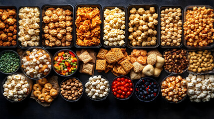 Assorted snacks colorful overhead view of various bowls filled with food