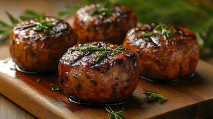 Grilled meat patties with rosemary garnish close up food photography