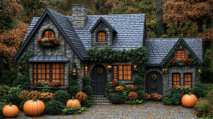 Autumnal stone cottage exterior cozy fall house decor pumpkin decor