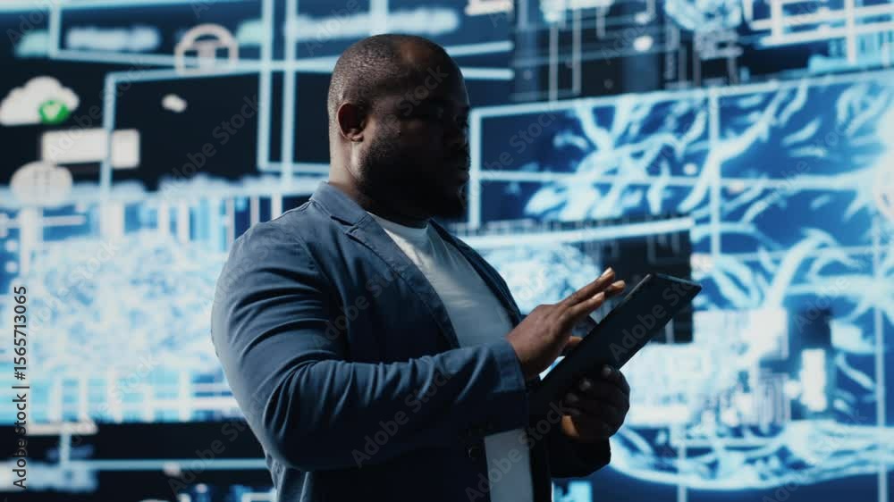 Poster black male it engineer examining digital ai brain interface on dashboard, symbolizing neural network