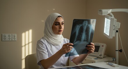 A female doctor in a hijab carefully examines a chest X-ray, illuminated by a medical viewer, in a dimly lit office.