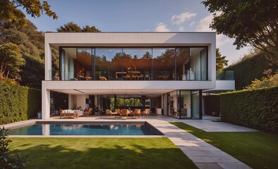 Large white house with a pool and a large glass window. The house is surrounded by a hedge