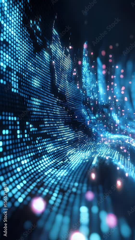 Poster abstract digital data stream with flowing blue and pink particles in a dark background with a shallo