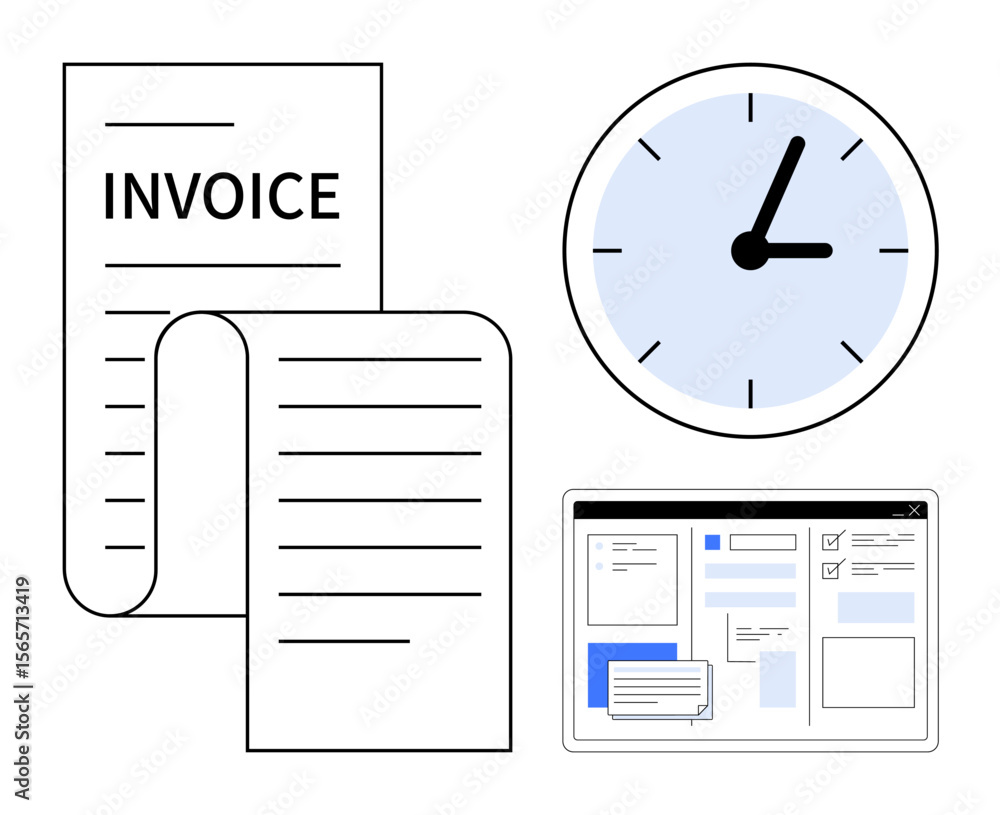Poster invoice documents, clock representing time management, and a digital interface for workstation tools