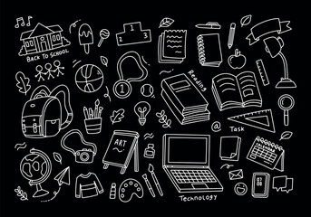Back to school and education doodle elements in black background