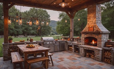Large outdoor kitchen with a fireplace and a grill. The kitchen is surrounded by trees and has a rustic feel