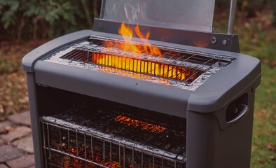 Grill with a fire burning on it. The grill is black and has a silver handle. The fire is orange and yellow