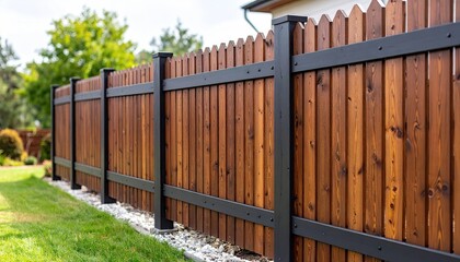 Close Up View Of Shou Sugi Ban Charred Cedar Fence Panels With Black Frames In A Garden Setting