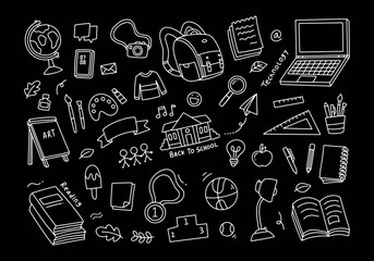 Back to school and education doodle elements in black background