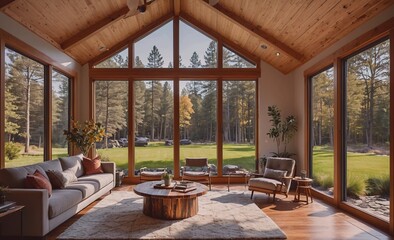 Large living room with a wooden floor and a wooden ceiling. The room has a lot of natural light coming in from the windows. There is a couch, a coffee table, and several chairs in the room