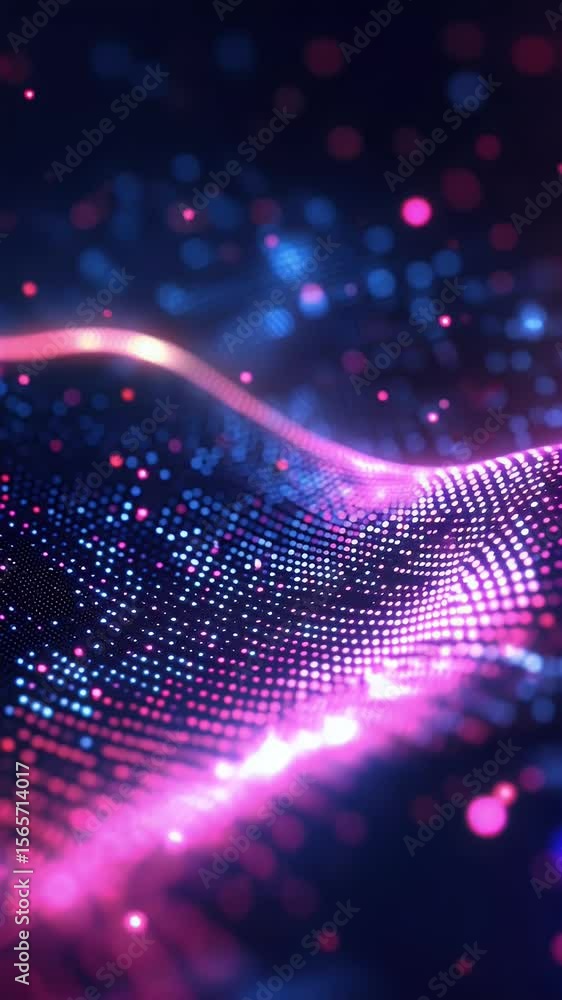 Poster abstract digital data visualization with pink and blue glowing particles and flowing lines on a dark