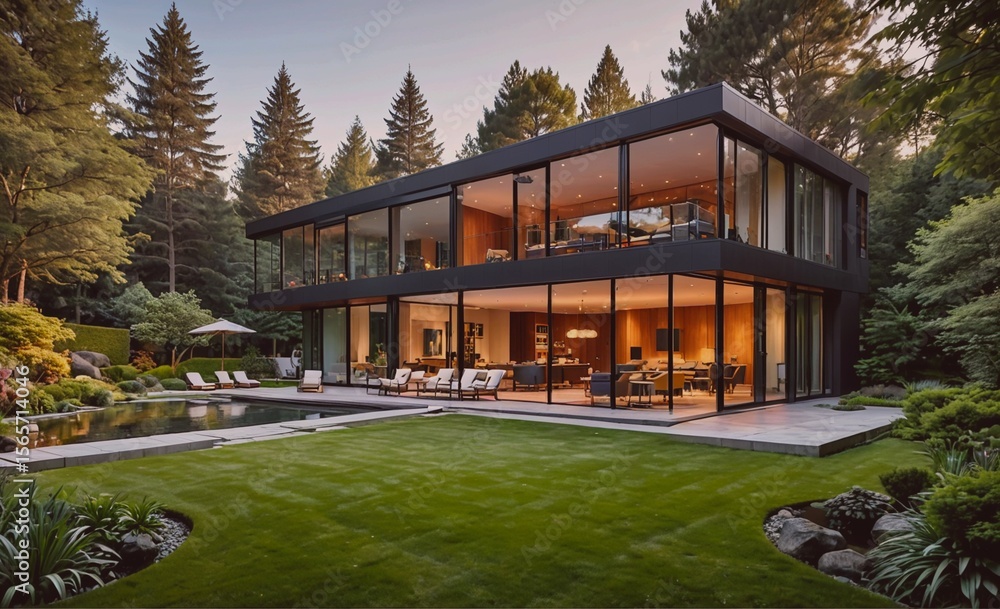 Poster large house with a pool and a large yard. the house is surrounded by trees and has a modern design