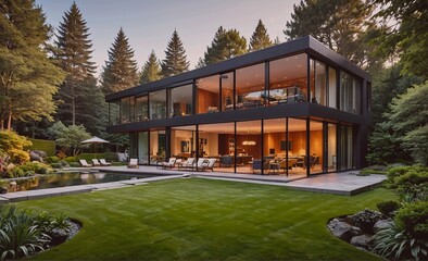 Large house with a pool and a large yard. The house is surrounded by trees and has a modern design