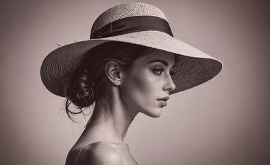 Woman wearing a straw hat is the main focus of the image. The hat is positioned on her head, and she is looking straight ahead. Scene is elegant and sophisticated