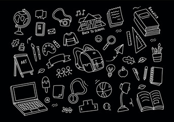 Back to school and education doodle elements in black background
