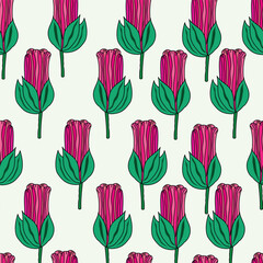 flower buds with leaves on light green background seamless pattern. Close colorful roses buds with green leaves on light greenish background seamless pattern. Good for tiles, fabric, tiles, decoration