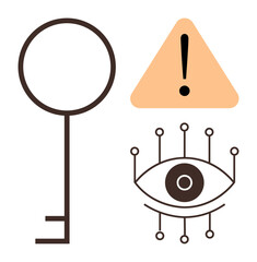 Minimalist key, stylized circuit eye, and warning triangle with exclamation emphasize access, vigilance, and caution. Ideal for cybersecurity, privacy, surveillance, technology awareness risk