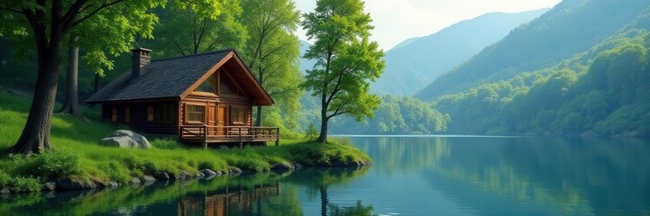 Cozy lakeside cabin nestled amongst lush green trees Tranquil scene , getaway, vector