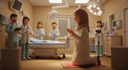 A Muslim nurse pauses for prayer amidst the bustling activity of a hospital, finding solace and strength in her faith.