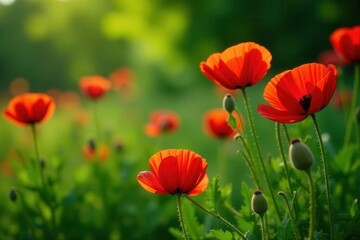 Obraz premium Crimson poppies blooming amidst lush green foliage, flowers, fresh